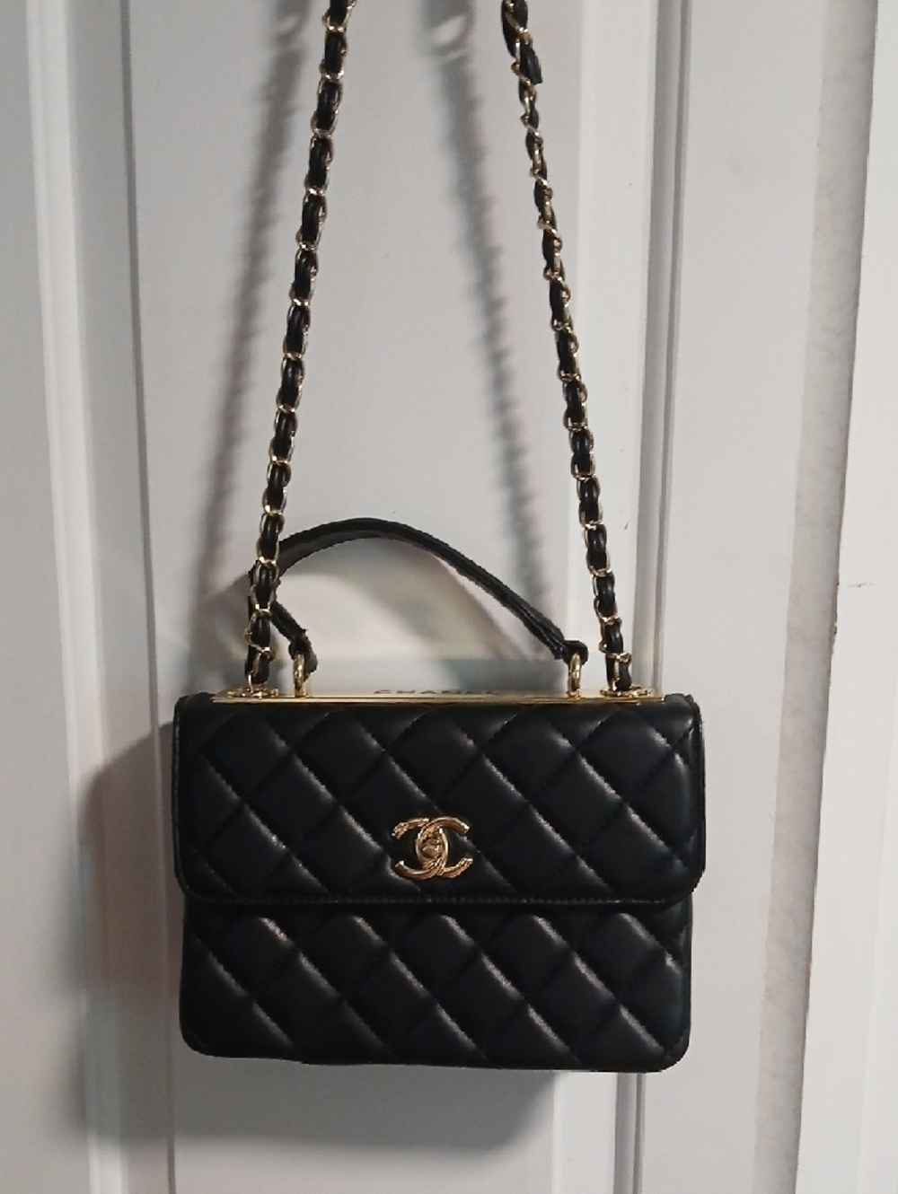 Black Quilted Shoulder Bag with Gold-Tone Logo Accent